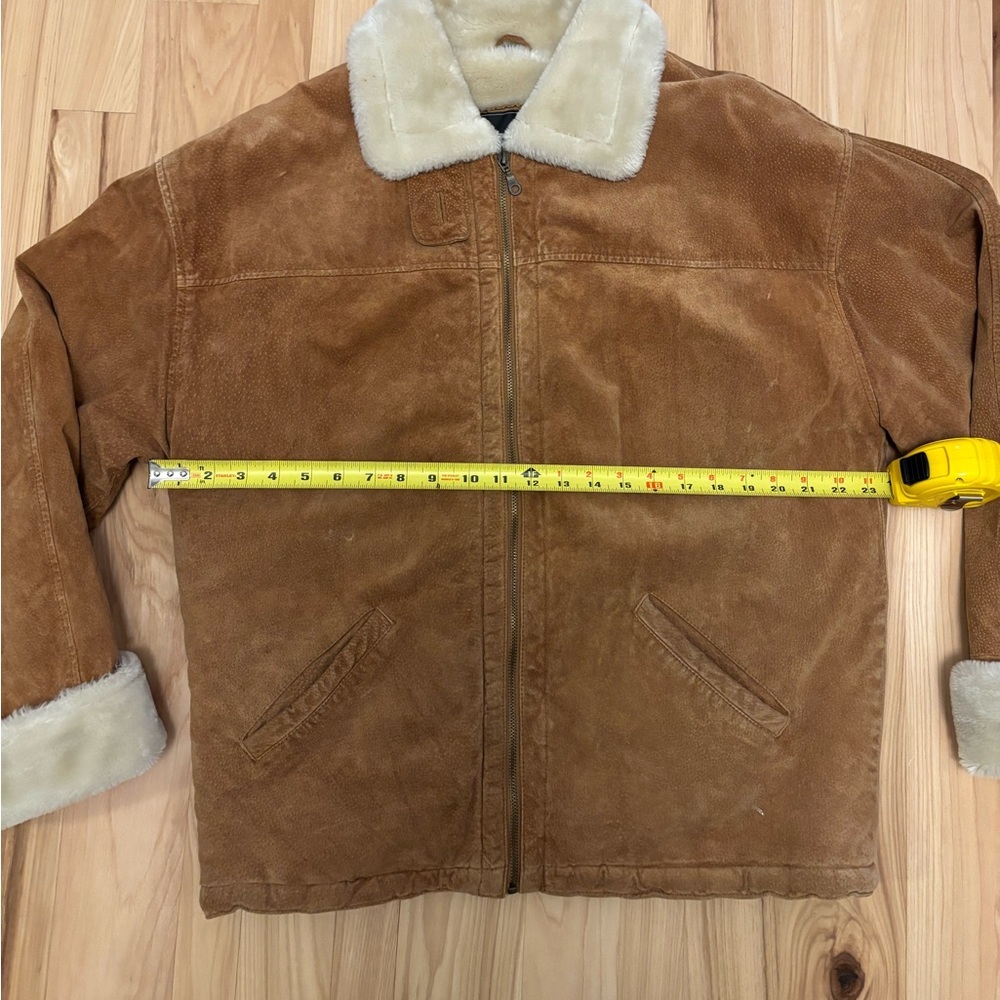Leather Adult Sz XL Tan Leather Bomber Suede Jacket Coat Faux Fur Trim Boho - Picture 8 of 9